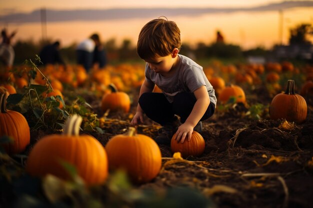 Mały chłopiec zbierający dynie w Halloween na grządce dyni Generative Ai