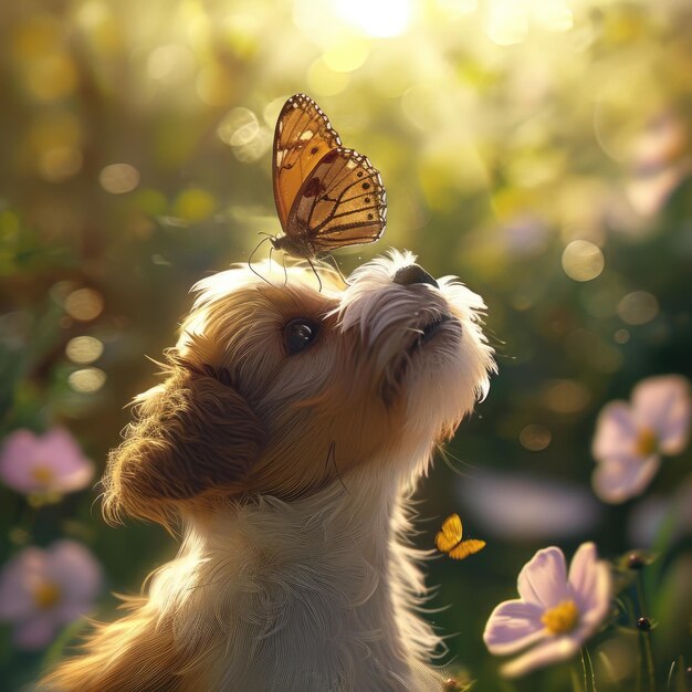 Mały ciekawy szczeniak patrzący na motyla siedzącego na nosie z słonecznym tłem ogrodu w uroczym, kapryśnym stylu v 6 Job ID 9b6a2f2dd18a4bd19945da5ba4e005db