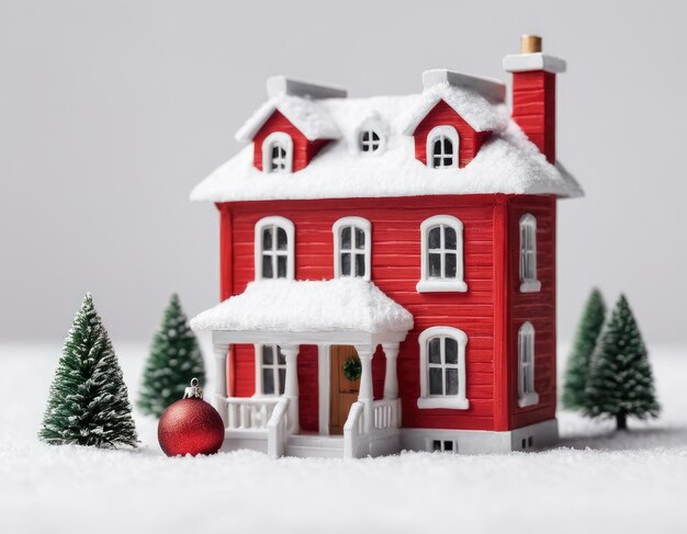 Mały czerwony dom w śnieżnej atmosferze Nowego Roku