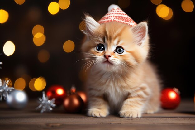 Mały czerwony kotek w świątecznej czapce wśród ozdób choinkowych Karta noworoczna