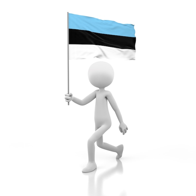 Mały człowiek idący z flagą Estonii w dłoni. Obraz renderowania 3D