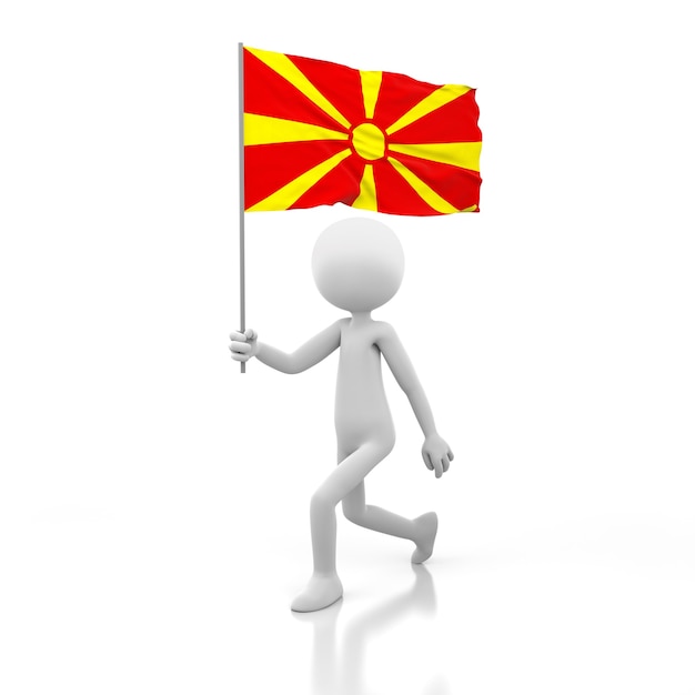 Mały Człowiek Idący Z Flagą Macedonii W Dłoni. Obraz Renderowania 3d