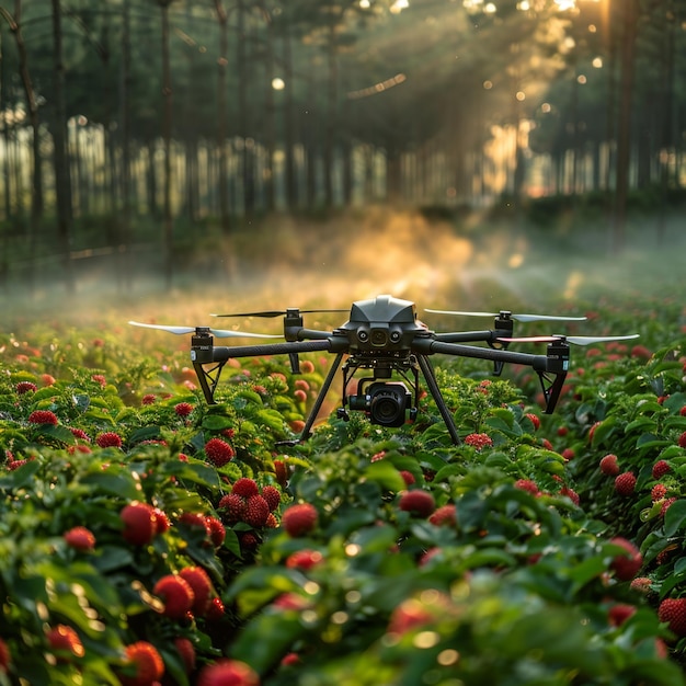 Mały czterokopter latający nad polem truskawkowym