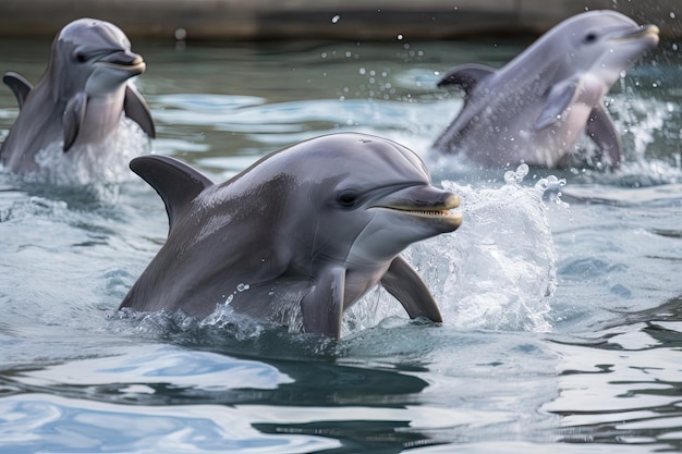 Mały delfin wyskakujący z wody w otoczeniu innych delfinów stworzonych za pomocą generatywnej sztucznej inteligencji