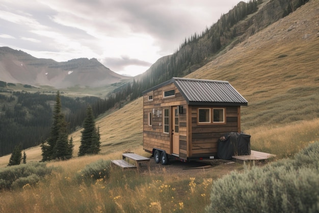 Mały dom na kółkach zaparkowany w malowniczym górskim krajobrazie stworzonym za pomocą generatywnej sztucznej inteligencji