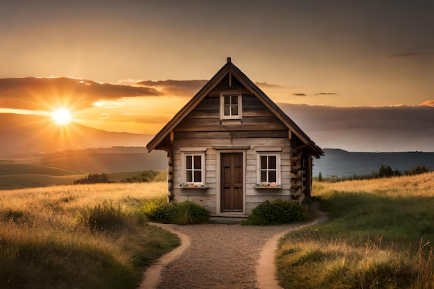 Mały dom na polu, za którym zachodzi słońce