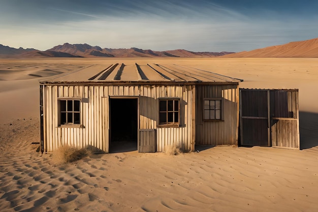 Mały dom na pustyni z górą w tle