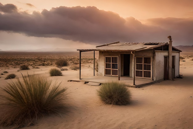 Zdjęcie mały dom na pustyni z pochmurnym niebem w tle