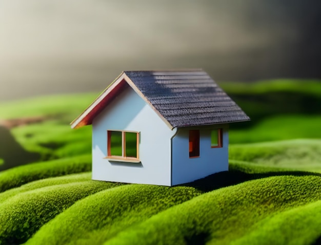Mały dom na trawiastym wzgórzu z zielonym tłem.