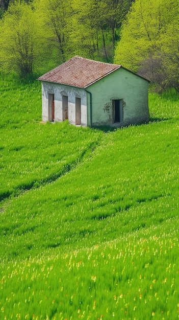 Mały dom w polu zieleni