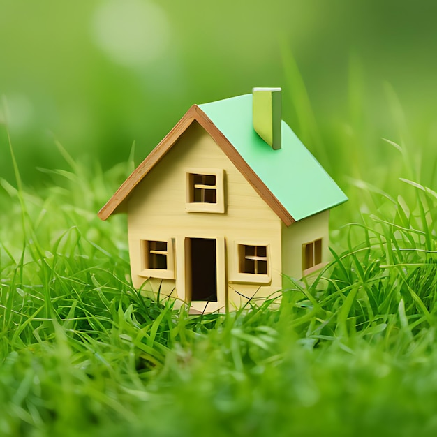 Mały domek modelowy siedzi w trawie z zielonym dachem