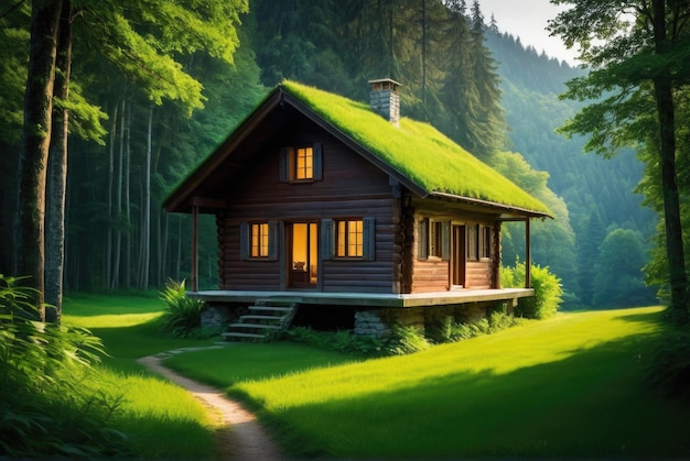 Mały domek w bujnym lesie Skomponować obraz uchwycający spokojne piękno