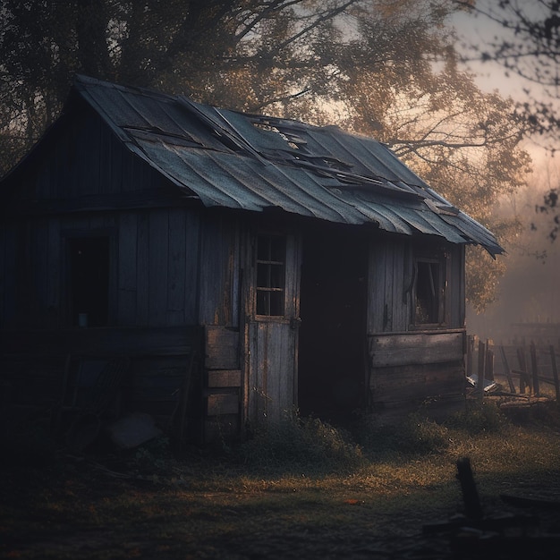 Mały domek w lesie z mglistym tłem