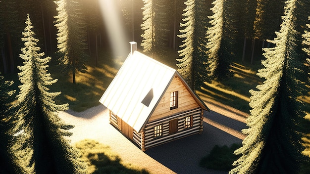 Mały drewniany dom w lesie ze słońcem świecącym na dachu.