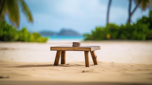 Mały drewniany stolik na plaży z małym drewnianym taboretem.