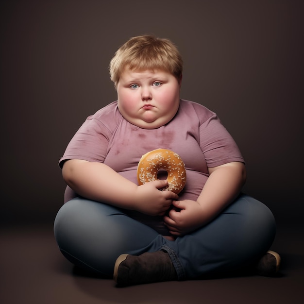 Mały gruby chłopiec trzymający słodki pączek w rękach Dzieci zdrowie i dieta nadmiar śmieciowego słodkiego jedzenia w codziennym menu Generatywny ai portret nadwagi dziecka