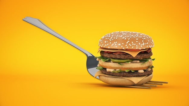 Mały hamburger utknął w widelcu Koncepcja odpowiedniego odżywiania renderowania 3d
