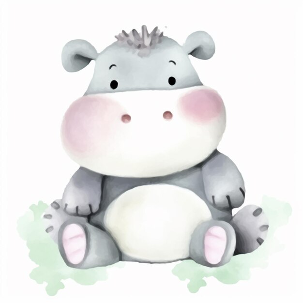 Mały hipopotam siedzi na ziemi z kwiatem w ustach.