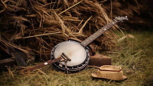 Zdjęcie mały instrument siedzi na szczycie pokrytego trawą pola, łącząc się z symfonią natury.