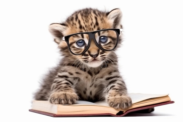 mały jaguar w okularach siedzi na książce