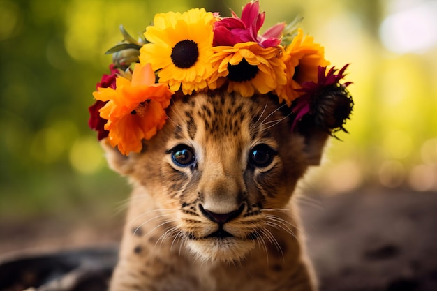mały jaguar z kwiatową koroną na głowie