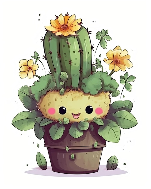Mały kaktus uśmiecha się Słodki mały kaktus uśmiecha się na wazonie z kwiatami Scenografia Słodka ilustracja kaktusa Słodki mały kaktus pakiet sztuki z kwiatami dla dorosłych i dzieci Wygenerowane przez sztuczną inteligencję