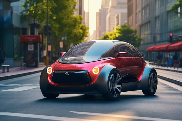 Mały kompaktowy samochód elektryczny poruszający się po ulicach miasta stworzony przy użyciu generatywnej sztucznej inteligencji