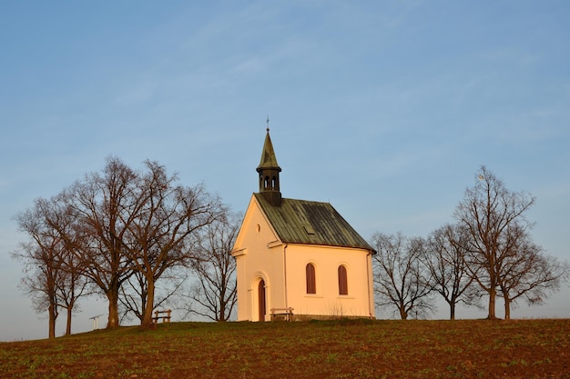 Mały kościół na wzgórzu z drzewami na pierwszym planie i jasnoniebieskim niebem w tle.