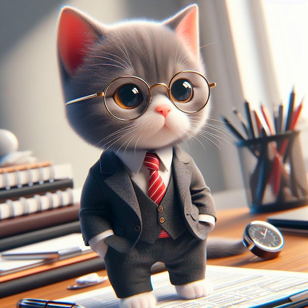 Mały kot w garniturze biznesowym cyfrowa sztuka 3D
