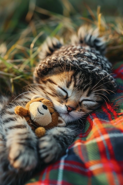 Mały kot w kapeluszu z zabawkowym niedźwiedziem śpi w przyrodzie.