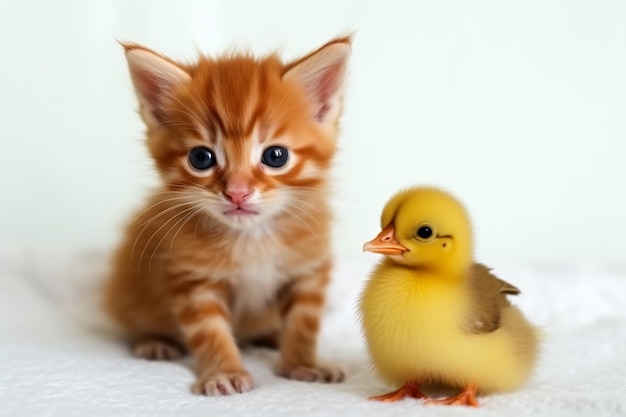 Zdjęcie mały kotek i mała żółta kaczka