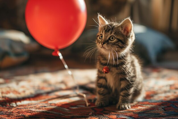 Mały kotek w salonie z czerwonym balonem Koncepcja prezentów