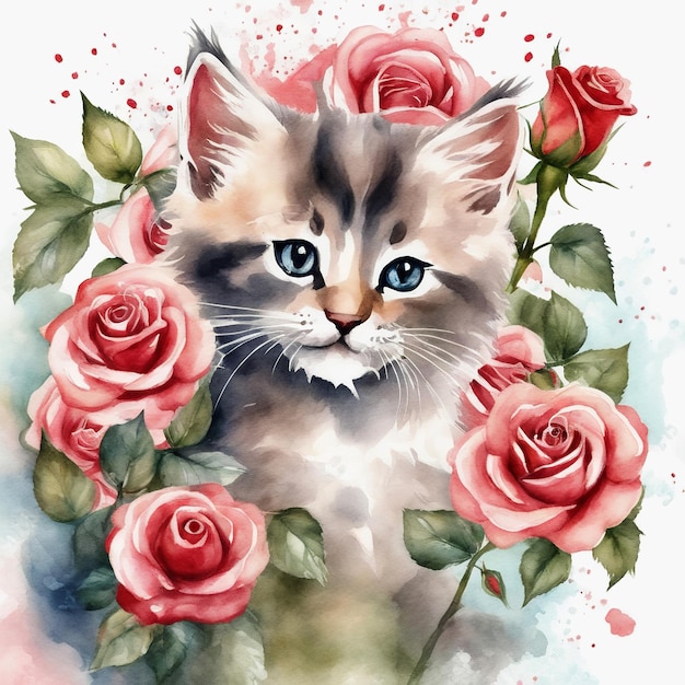 Mały kotek z czerwonymi różami Akwarel ręcznie malowana izolowana ilustracja
