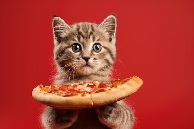 Mały kotek z dużą pizzą w łapach na czerwonym tle Kolaz sztuki współczesnej