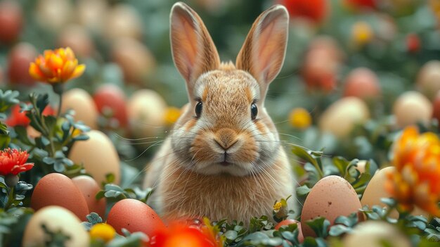 Mały króliczek wielkanocny i jaja wielkanocne na zielonej trawie