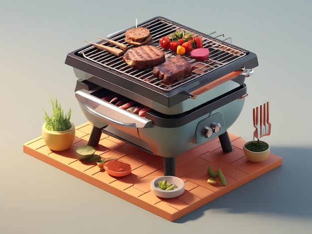 Zdjęcie mały ładny izometryczny renderowania 3d bbq grill