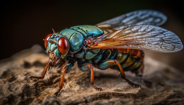 Mały latający owad z żółtymi i czarnymi paskami generowany przez sztuczną inteligencję