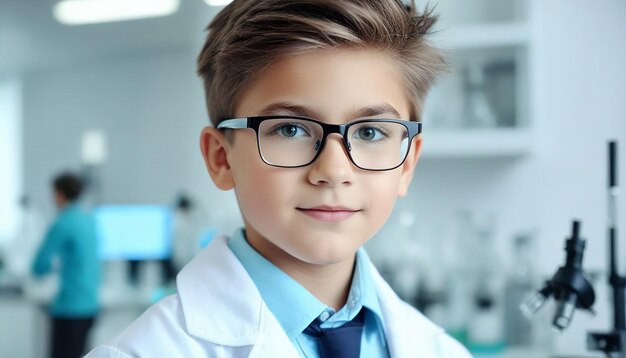 Mały lekarz Naukowcy w laboratorium Pracownik laboratoryjny biały płaszcz okulary