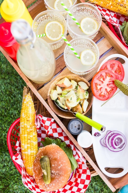Mały letni piknik z lemoniadą i hamburgerami w parku.