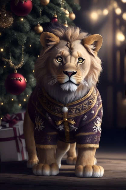Mały lew w świątecznym swetrze Generacyjna sztuczna inteligencja