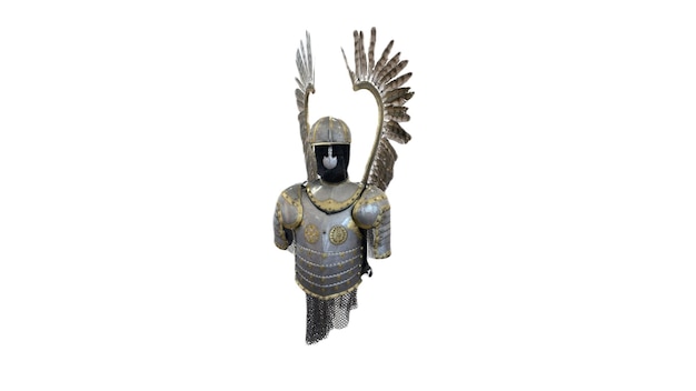 Mały metalowy posąg rycerza w złotej i srebrnej metalowej zbroi.