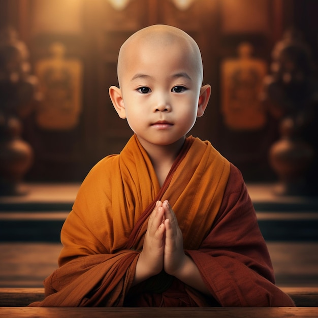 Mały mnich siedzący na drewnianej podłodze składa ręce 2