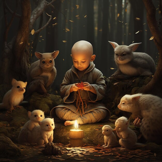 Mały mnich zebrał się wokół małego ognia z grupą stworzeń leśnych.