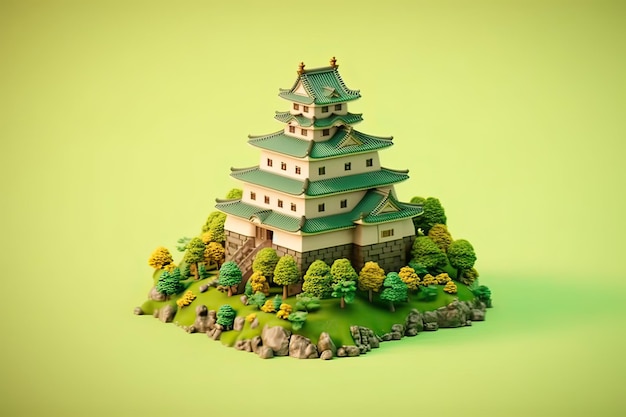 Mały model zamku na zielonym tle.