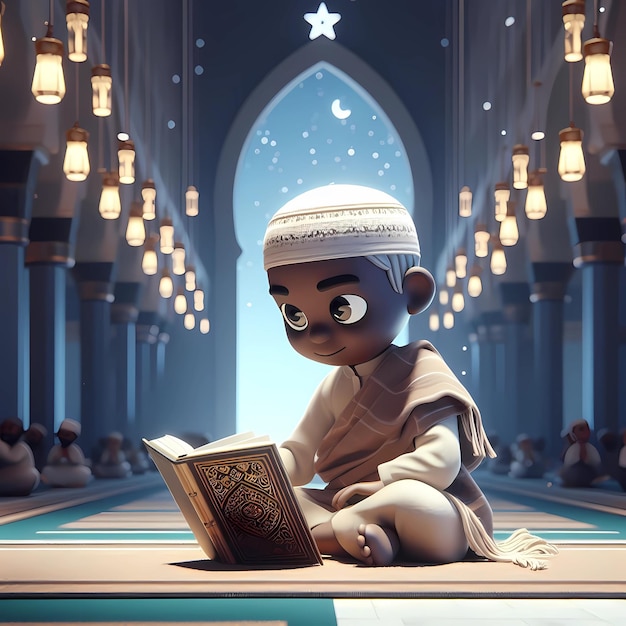 Mały muzułmański chłopiec czytający Koran w meczecie