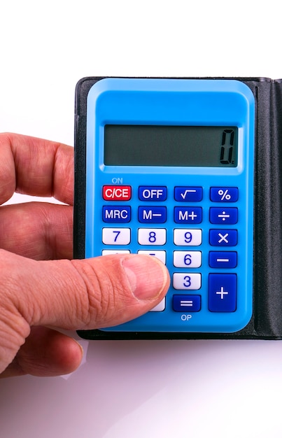 Mały Niebieski Kalkulator W Ręku.