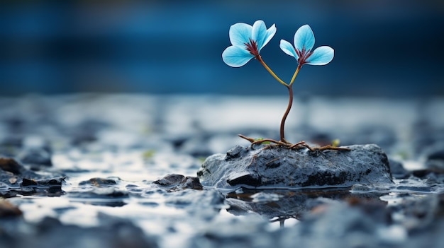 Zdjęcie mały niebieski kwiat wyrastający ze skały w wodzie
