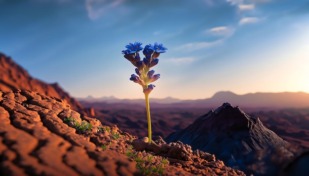 Mały niebieski kwiatek wyrastający na skraju marsjańskiej góry wygenerowany przez sztuczną inteligencję