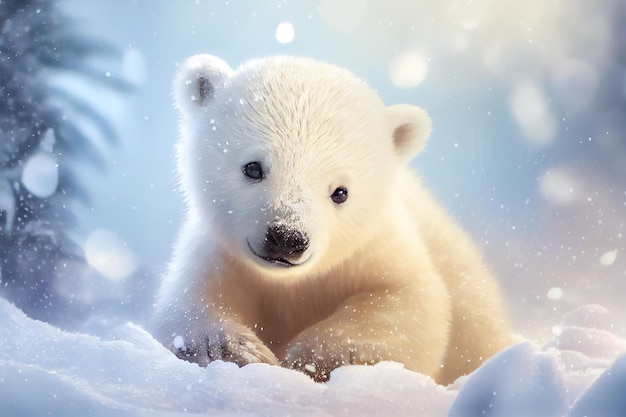 Mały niedźwiedź polarny w śniegu Generative AI Generative AI