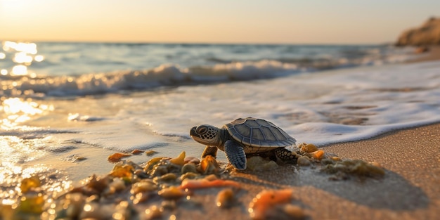 Mały, nowo narodzony żółw czołga się w kierunku morza.